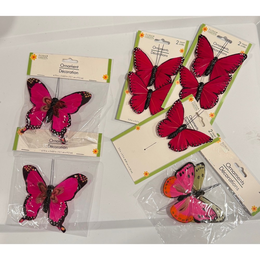 Floral Garden Butterfly Ornaments Pink Red Feather Picks Set of 9 NEW